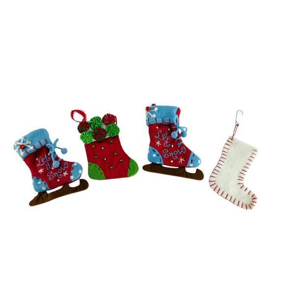 Vintage Let It Snow Mini Stocking Ornaments Set of 4 Felt Corduroy Style - Picture 8 of 11